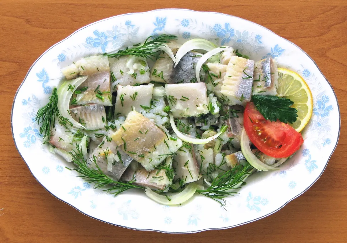 Polnischer Matjeshering mit frischem Dill und Zitrone auf Porzellan