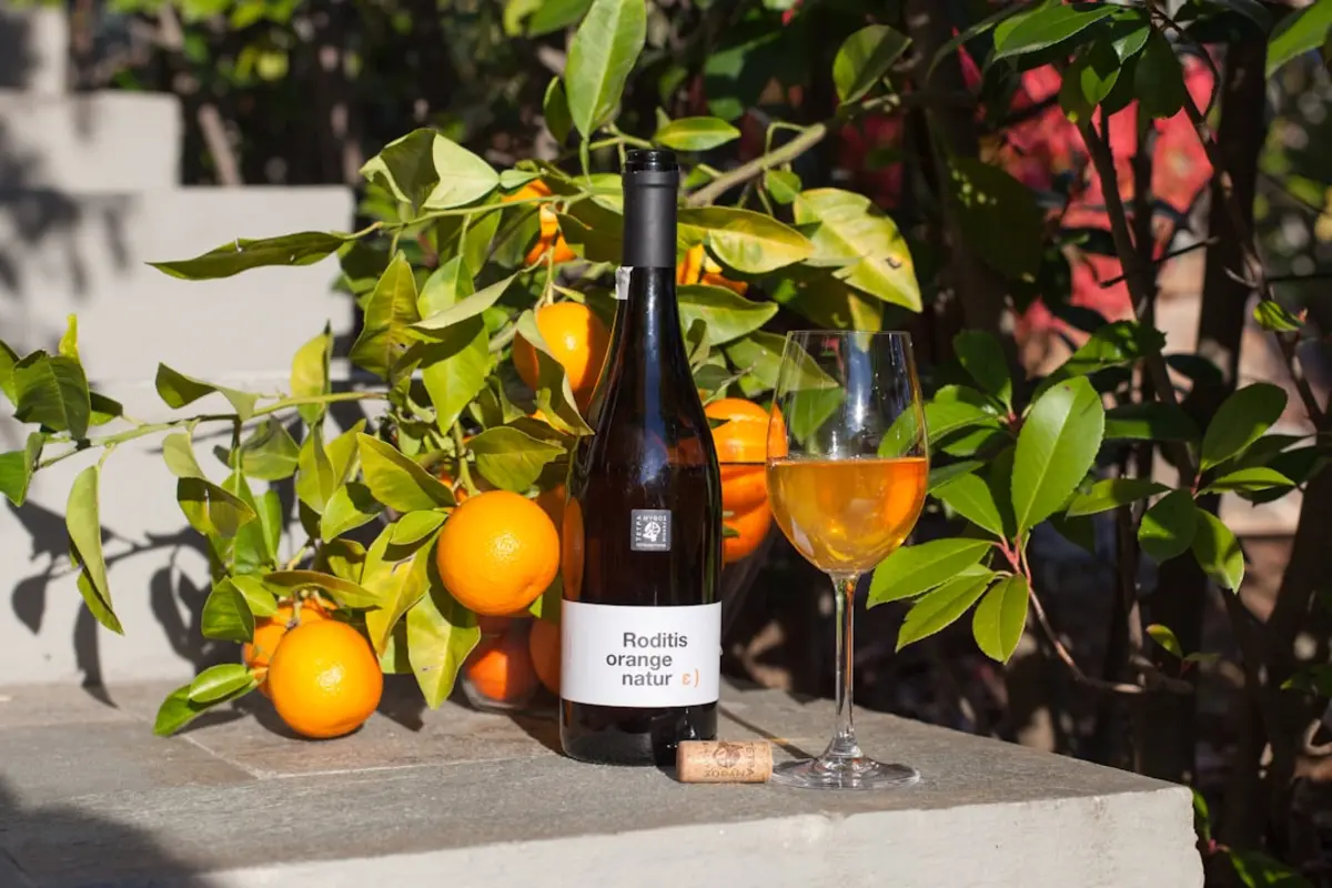 Glas Naturwein neben einer Flasche auf dem Tisch — typisch für Danzigs junge Weinbar-Szene